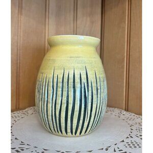 Yellow Studio Pottery Ceramic Vase Black Vertical Incised Line Design Artist